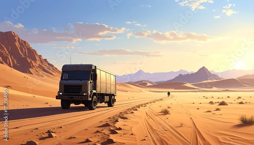 A large truck traverses a desert road under a vibrant sunrise, with a solitary figure walking in the distance.