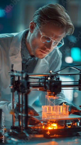 Innovative scientist explores cutting-edge 3D printing technology, carefully observing intricate orange-glowing prototype emerging from advanced manufacturing machine in dimly lit laboratory setting