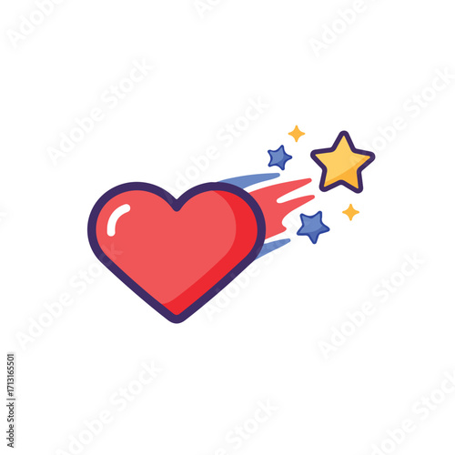 Red heart shooting toward stars in a trail. Beautiful, romantic concept for cards, posters, lovethemed designs expressing love and aspiration.