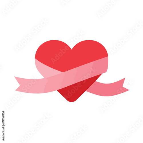 Red heart with pink ribbon  symbol of love, support, awareness. Suitable for valentines day cards, health campaigns, charity materials.
