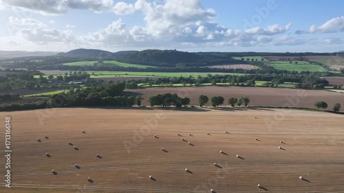 Straw bales in the fields from a drone, Southeast Scotland