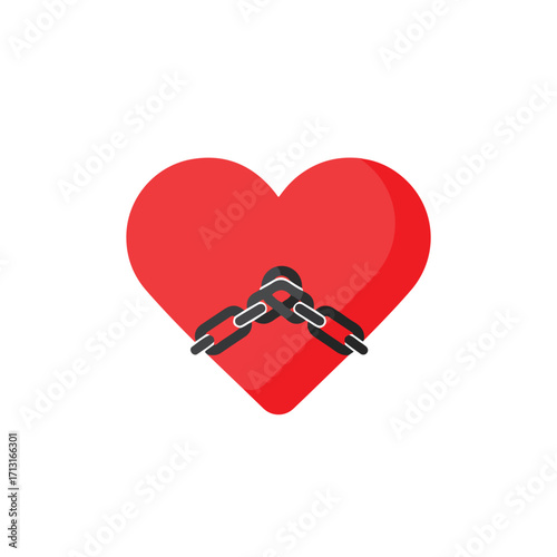 Red heart bound by black chain, representing love held back or controlled. Suitable for concepts of captivity, bondage, or restricted love.