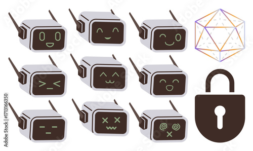 Robots with varied facial expressions, geometric shape, and padlock represent artificial intelligence, cybersecurity, privacy, emotion in AI, technology ethics, data protection and innovation. Ideal