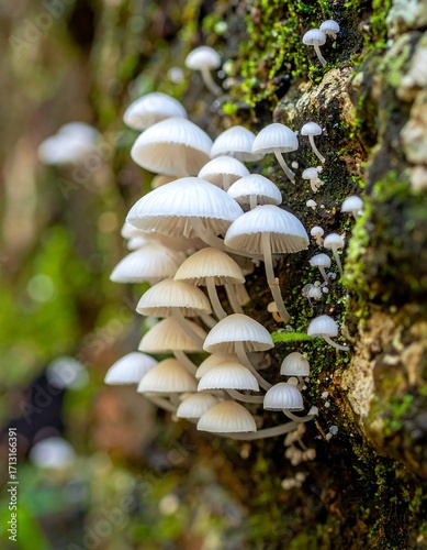 A cluster of delicate white mushrooms clings to a mossy tree trunk, showcasing intricate details and a natural beauty.