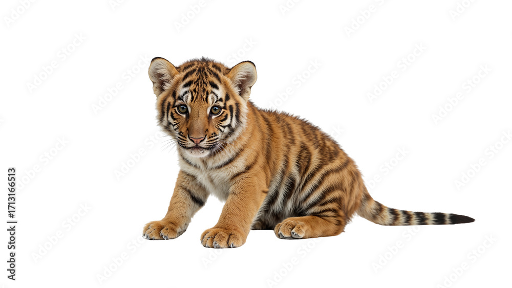 Obraz premium Adorable tiger cub sits, gazing with bright eyes, striped fur, and playful curiosity shining. Isolated on transparent background, png