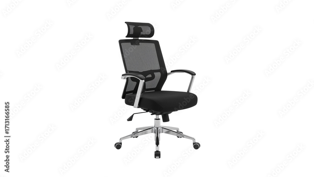 Obraz premium Ergonomic office chair with mesh back, cushioned seat, headrest, and adjustable chrome base. Isolated on transparent background, png