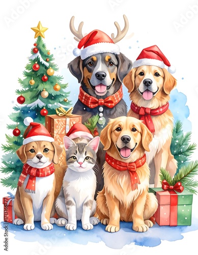 Festive gathering of adorable dogs and a cat, adorned in Christmas attire, surrounded by festive decorations, presented in a watercolor style.