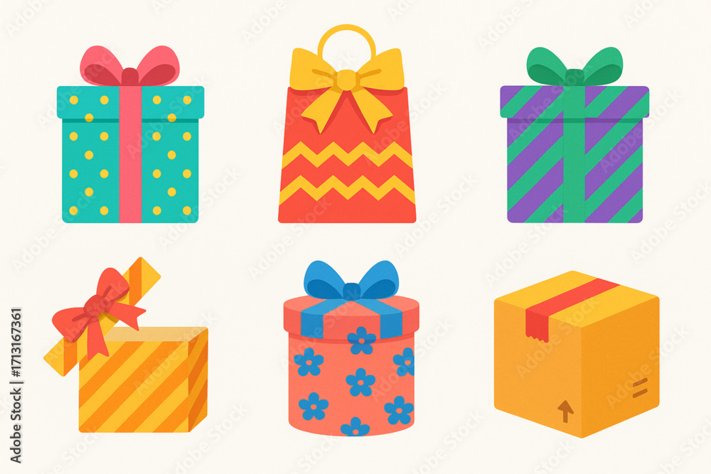 Obraz premium Festive packaging and gift box icons in colorful flat vector style