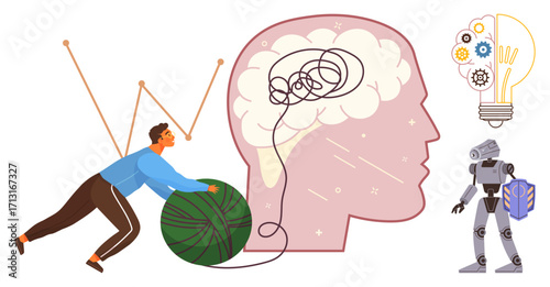 Man untangling thread from yarn toward human brain, robot, and ideas. Ideal for creativity, problem-solving, AI, innovation, human intelligence, technology mental health simple flat metaphor