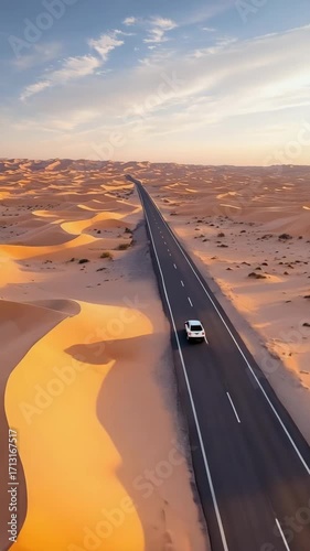 Aerial above long desert highway disappearing into horizon