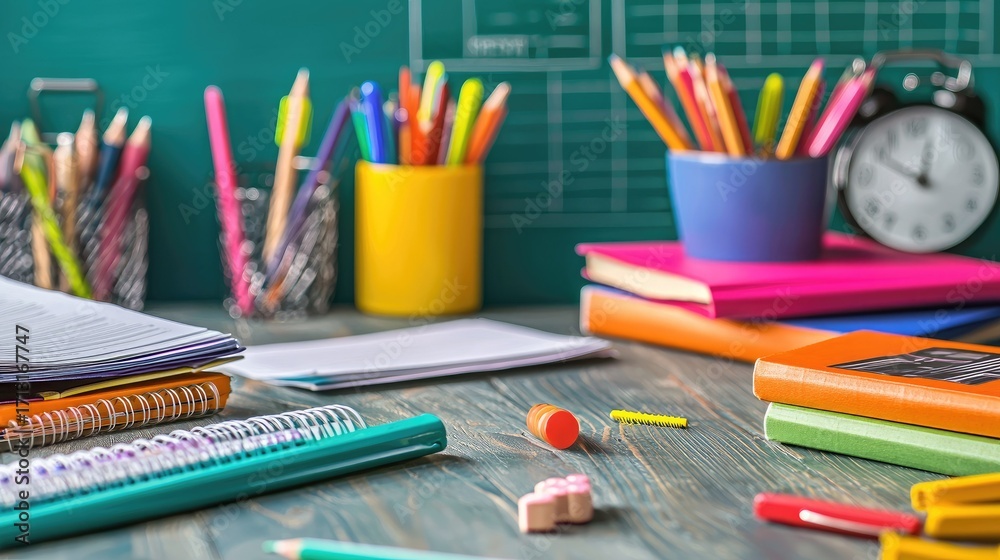 Naklejka premium Colorful School Supplies on a Desk with Clock and Background