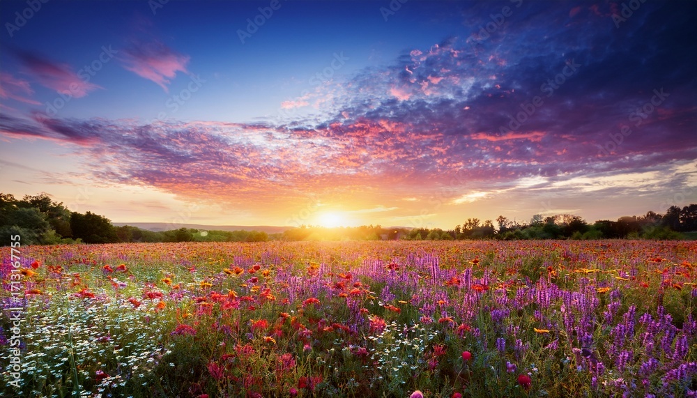 Naklejka premium Vibrant Wildflower Meadow At Sunset With A Glowing Sun Near The Horizon And Colorful Sky With Soft Clouds
