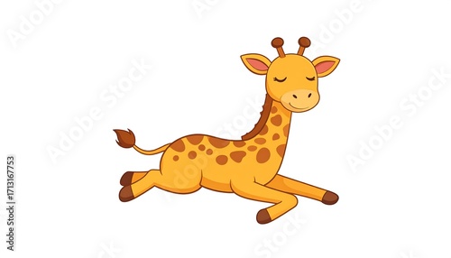 A cute cartoon giraffe lies down, its eyes closed, and displays a peaceful, serene mood.