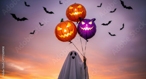 Person in a ghost costume holding Halloween balloons at sunset. Concept of a fun and spooky holiday celebration with flying bats.