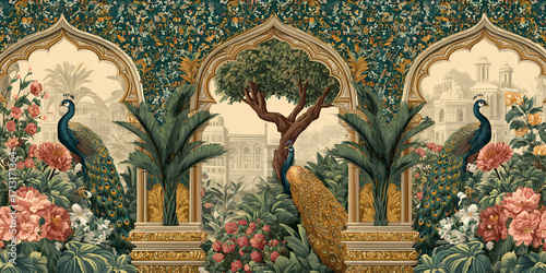 Fototapeta Naklejka Na Ścianę i Meble -  Ornate Eastern Garden Panorama featuring Majestic Peacocks, Lush Foliage, and Exquisite Architectural Arches, Evoking a Sense of Historical Grandeur and Natural Beauty
