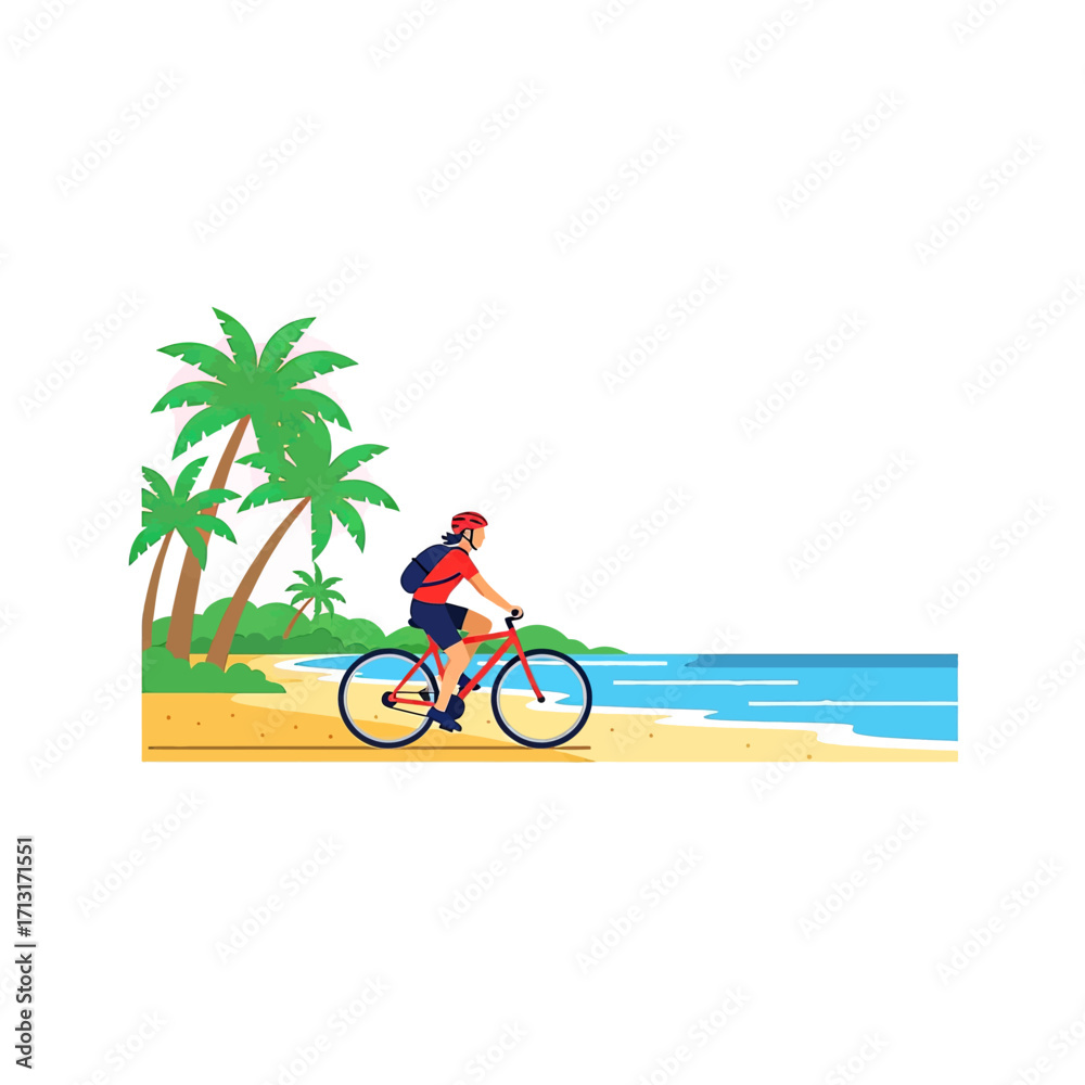 Fototapeta premium A person riding a bicycle along a sandy beach with palm trees and the ocean in the background.