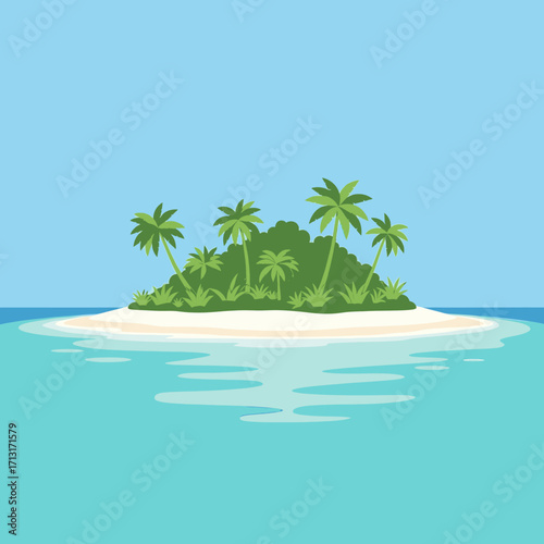 A cartoon illustration of a small tropical island with lush green palm trees and foliage, surrounded by clear blue ocean water and a sandy beach under a bright sky.