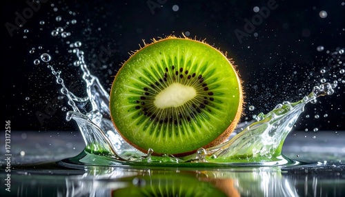A vibrant kiwi slice is immersed in a dynamic splash of water, showcasing its fresh and juicy nature against a dark background.