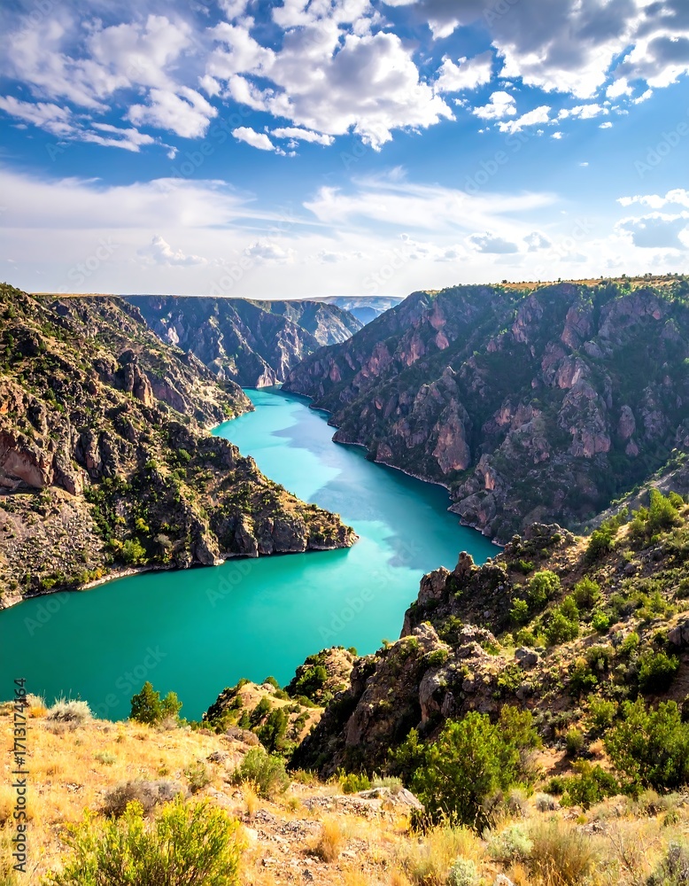 Fototapeta premium A breathtaking view of a turquoise river winding through a dramatic canyon, showcasing rugged mountains and lush vegetation under a vibrant sky.