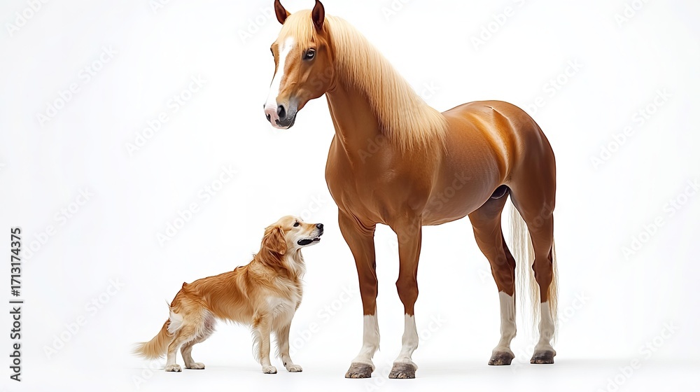 Obraz premium Golden retriever standing next to horse on white background 