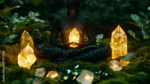 Shaman meditating in forest clearing, surrounded by moss, crystals, and candlelight, palette of sage green, amber