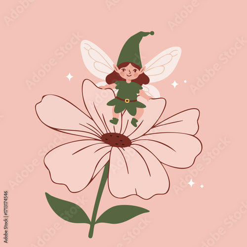 Charming Illustration of a Cute Fairy Resting on a Pink Flower
