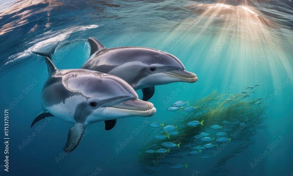 Obraz premium Two dolphins swim in sunlit ocean depths, surrounded by a school of small fish and kelp