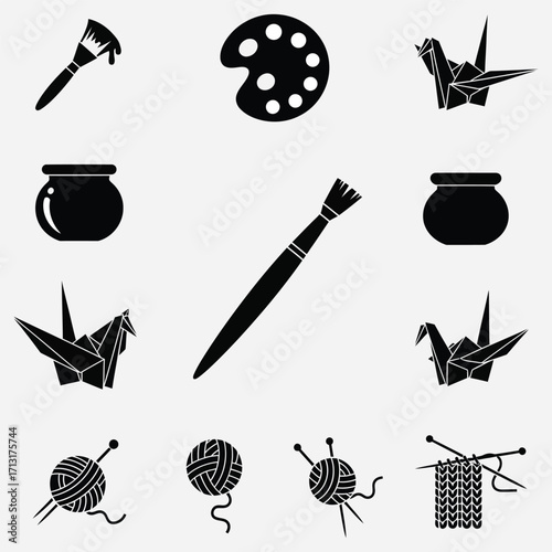Artistic Hobbies and Crafts Collection Brushes, Paint Palettes, Yarn, Knitting Needles, and Origami Paper Cranes Icons