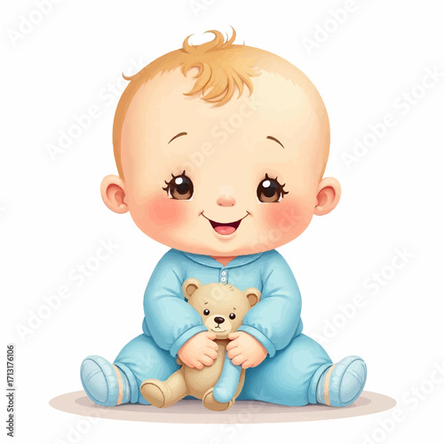 Adorable baby boy in blue pajamas happily hugging a teddy bear, perfect for childhood themes