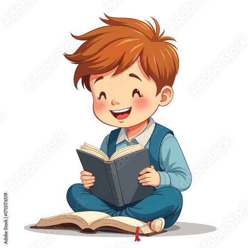 Joyful young boy engrossed in reading a book, enjoying learning and education in a bright style