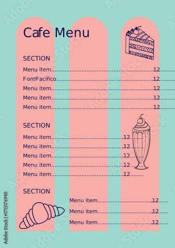 Menu template for cafe or bakery with desserts and drinks. images and text, modern design, retro style