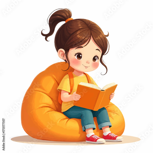 Young girl reading a book while relaxing on a cozy beanbag chair in a happy moment