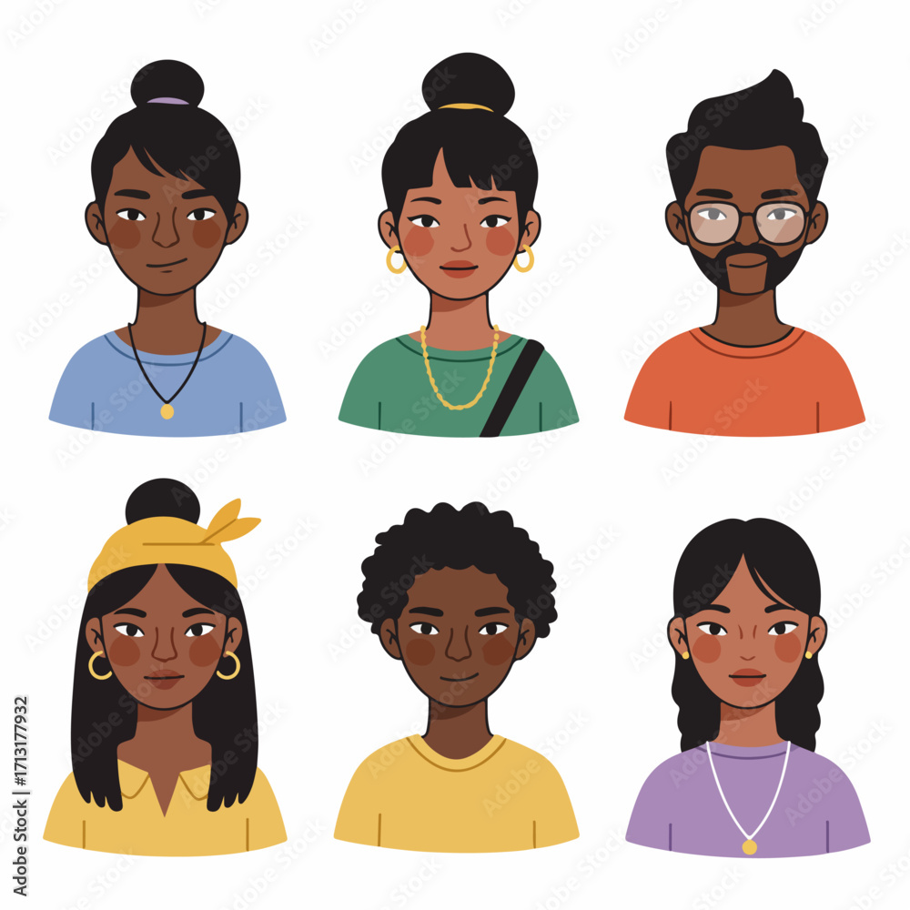 Fototapeta premium Collection of diverse South Asian people avatars, featuring men and women with varied hairstyles and expressions, in a modern cartoon illustration style.
