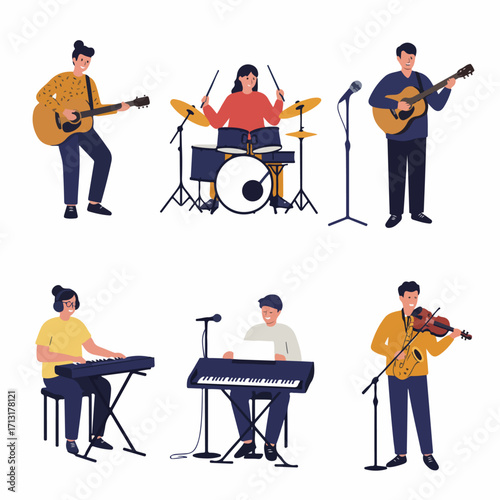 Happy musicians playing various instruments: guitar, drums, keyboard, violin, and saxophone, celebrating music in a cheerful vector illustration.