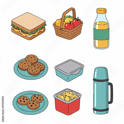 A collection of isometric cartoon illustrations featuring various picnic and lunch items like sandwiches, fruit, juice, cookies, and thermos, isolated on white.