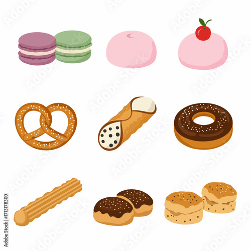 Delicious array of international pastries and sweet treats, including macarons, mochi, pretzel, cannoli, donut, churro, and scones illustration.