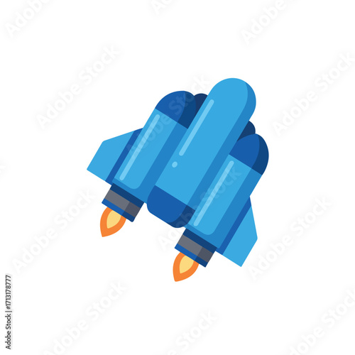 Bright blue cartoon spaceship with orange flames, suitable for childrens spacethemed designs, educational materials, science fiction illustrations, and gaming projects.