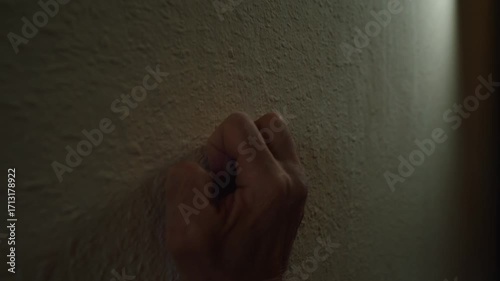 Close-up of a man's hand scratching the wall in desperation and then a fist hits the wall 4K