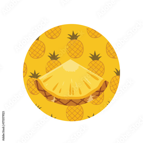 Pineapple slice on pineapples in a yellow circular pattern ideal for tropicalthemed designs, food blogs, and summer advertisements.