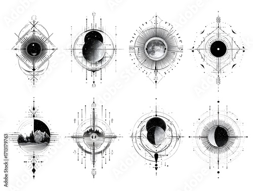 Celestial elements with planets and suns in geometric patterns create a mystical astrological design.