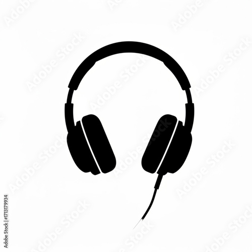 Illustration of a black pair of over ear headphones with a visible cable on a white background created with generative ai