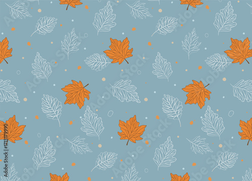 Seamless autumn pattern with hand-drawn maple leaves and sketch-style foliage on a blue background. Warm vector illustration for textile prints, wrapping paper, seasonal backgrounds, greeting cards