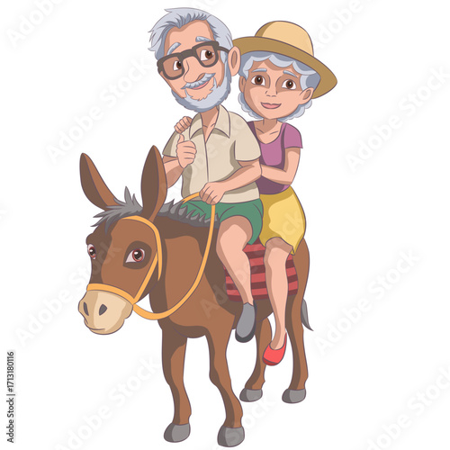 Elderly couple riding a donkey, vector illustration