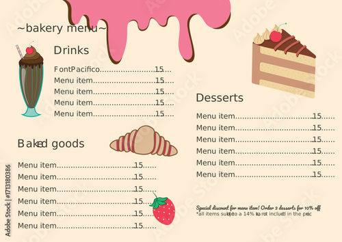 Menu design template for cafe or bakery/ restauarant. Dessert menu with cute colors, pastels. Cake, croissant, fruits, milkshake 