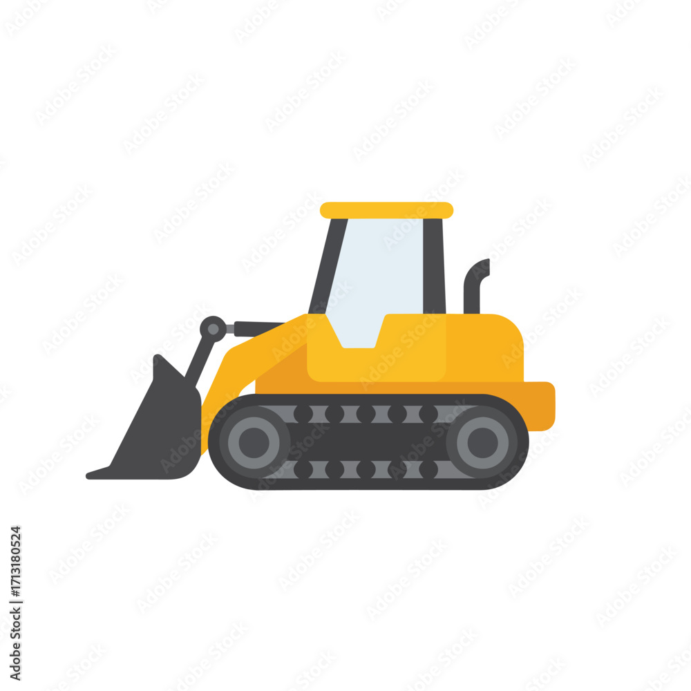 Naklejka premium Yellow bulldozer with black tracks on a white background ideal for construction concepts, earthworks, heavy machinery, and industrial themes. Ready for projects creating sites, engineering items.
