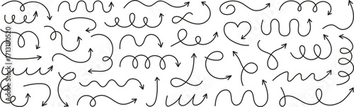 Squiggly arrows doodle set. Curve and Spiral comic symbols in sketch style. Hand drawn vector illustration isolated on white background