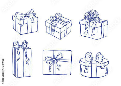  Set of hand draw Christmas gift box vector illustration. Xmas presents in doodle style. New Year sale. Holiday clipart