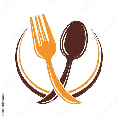 Stylized Orange Fork and Brown Spoon Crossed Within Brown and Orange Arcs on White Background cutlery