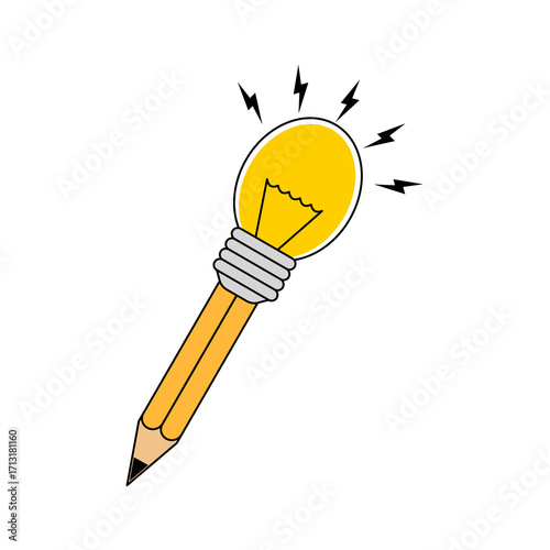 Modern flat design of a pencil with a lamp bulb as its point, expressing creativity, logical thinking, and bright ideas. Vector illustration.