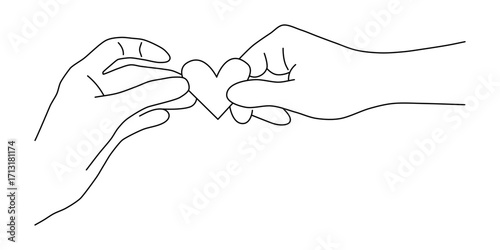 Minimalist line art illustration of two hands holding a heart symbol, designed in a simple and elegant style. This vector artwork represents love, care, compassion, and unity through clean continuous.